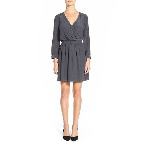 Madewell Dresses & Skirts - Madewell Kali Dress Womens Size 0 Dark Gray Silk Surplice Faux Wrap Long Sleeve